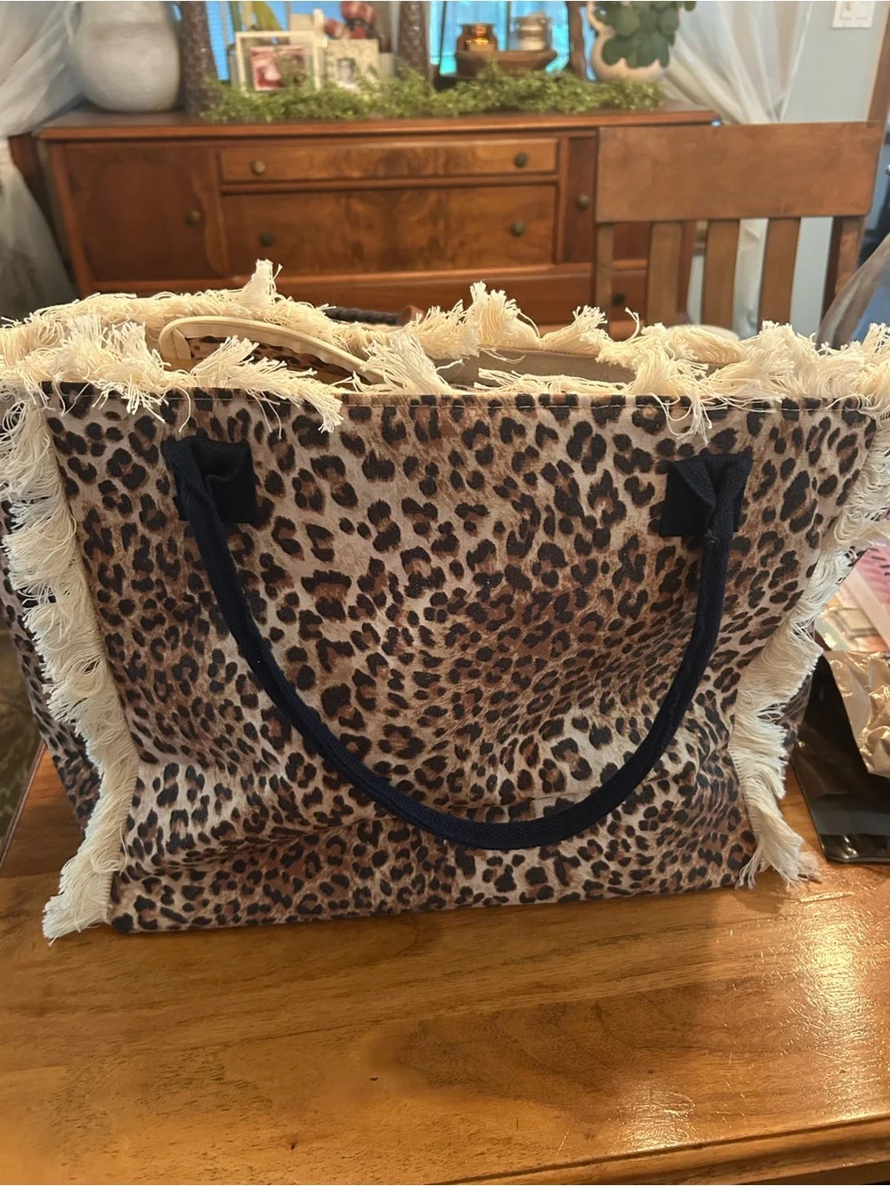 Lucky7 Brand Leopard Print Fringe Tote Bag in Brown
